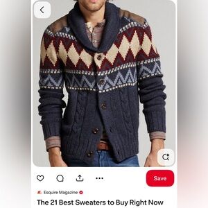 Men's lambs wool Nordic Patterned Shawl Collar Sweater